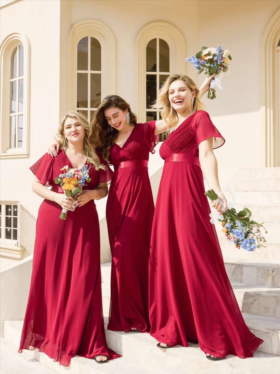 ever MONICA|Long Empire Waist Bridesmaid Dress with Short Flutter Sleeves