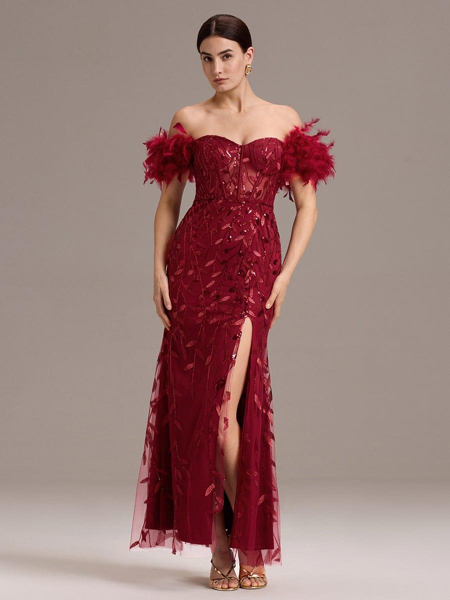 ever BELISSE|Designer Leaf Sequin Off Shoulder High Slit Feather Mermaid Evening Dress
