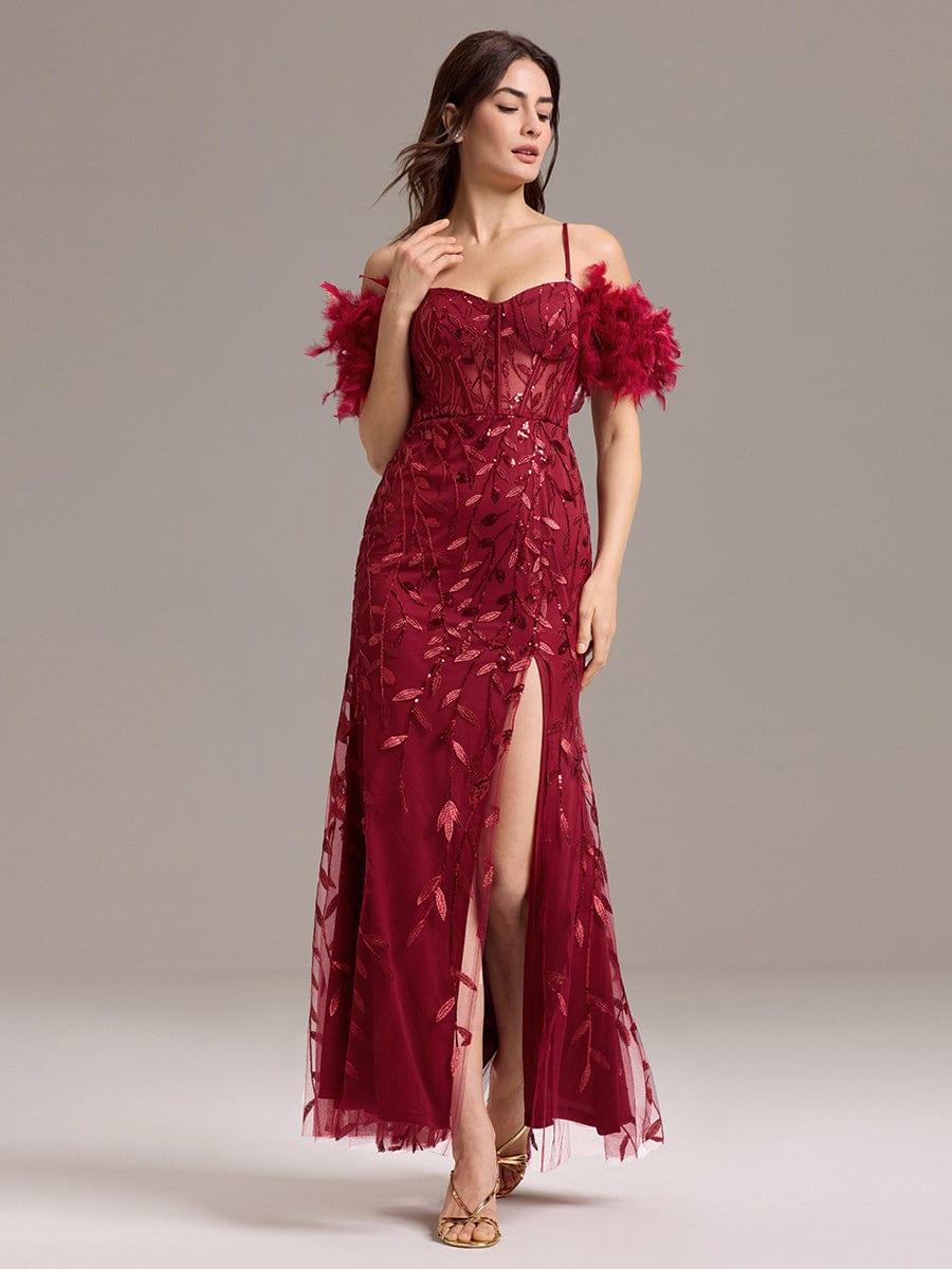 ever BELISSE|Designer Leaf Sequin Off Shoulder High Slit Feather Mermaid Evening Dress