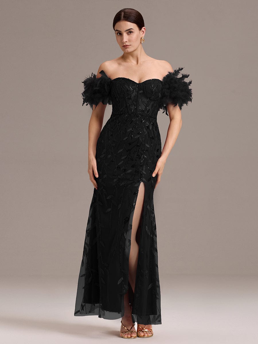 ever BELISSE|Designer Leaf Sequin Off Shoulder High Slit Feather Mermaid Evening Dress