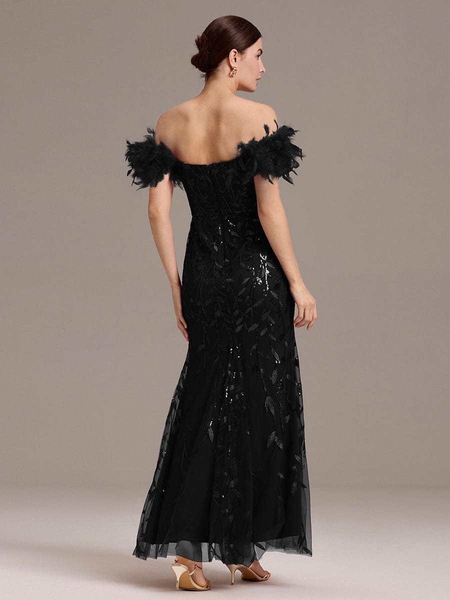 ever BELISSE|Designer Leaf Sequin Off Shoulder High Slit Feather Mermaid Evening Dress