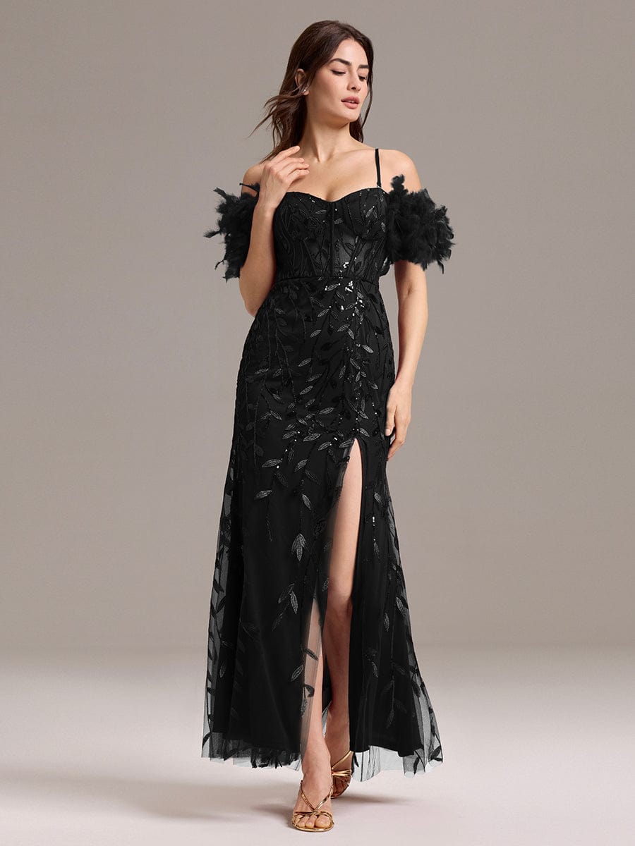 ever BELISSE|Designer Leaf Sequin Off Shoulder High Slit Feather Mermaid Evening Dress
