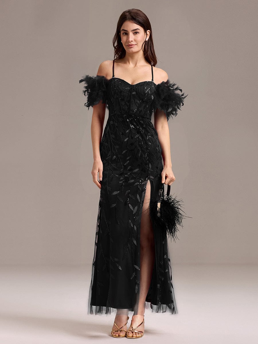 ever BELISSE|Designer Leaf Sequin Off Shoulder High Slit Feather Mermaid Evening Dress