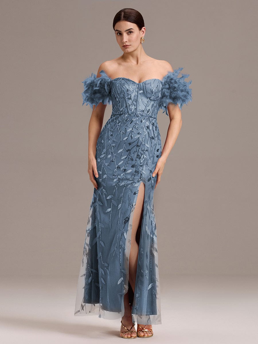 ever BELISSE|Designer Leaf Sequin Off Shoulder High Slit Feather Mermaid Evening Dress