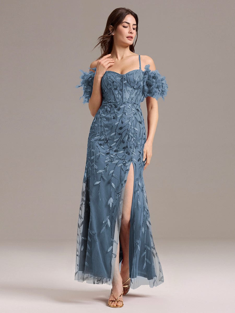 ever BELISSE|Designer Leaf Sequin Off Shoulder High Slit Feather Mermaid Evening Dress