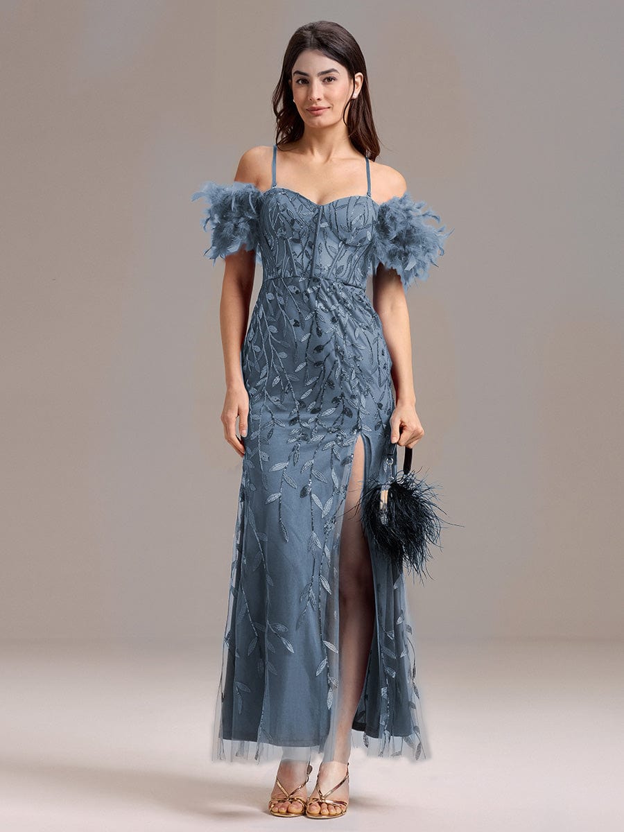 ever BELISSE|Designer Leaf Sequin Off Shoulder High Slit Feather Mermaid Evening Dress