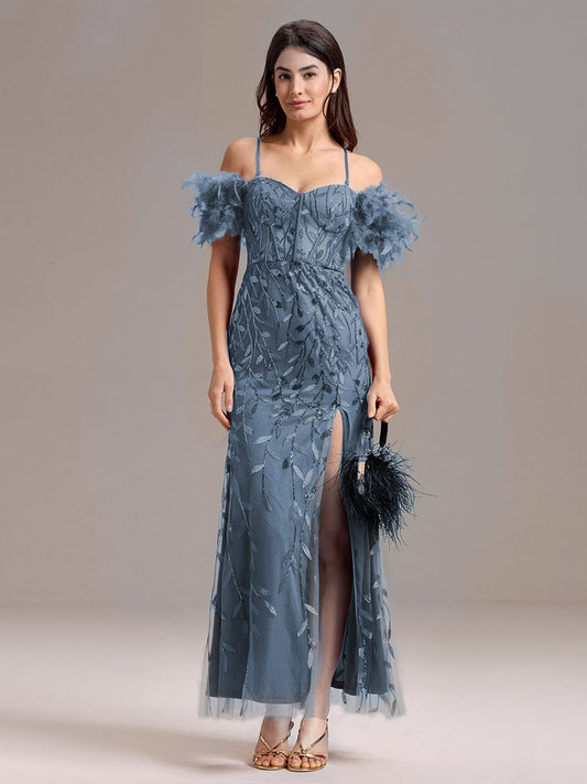 ever BELISSE|Designer Leaf Sequin Off Shoulder High Slit Feather Mermaid Evening Dress