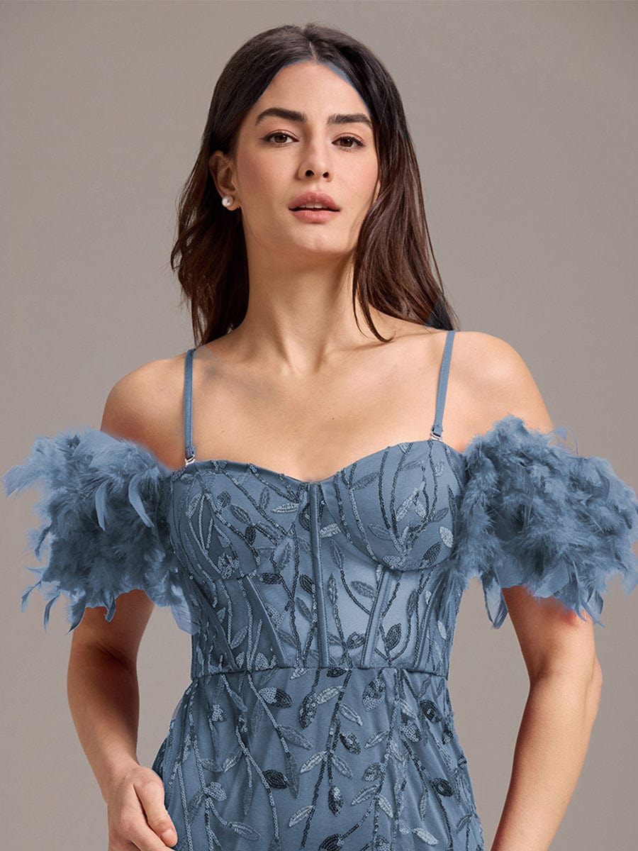 ever BELISSE|Designer Leaf Sequin Off Shoulder High Slit Feather Mermaid Evening Dress