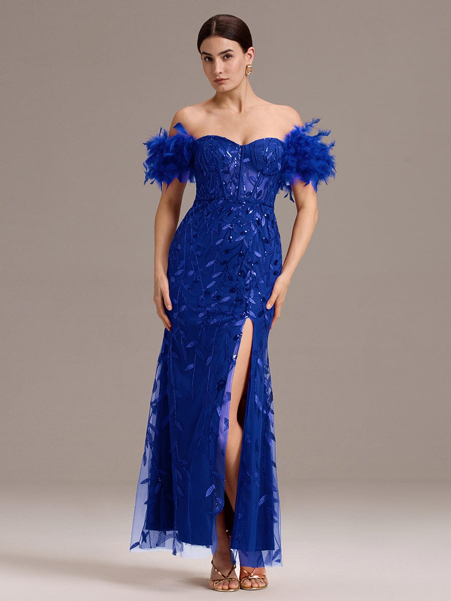 ever BELISSE|Designer Leaf Sequin Off Shoulder High Slit Feather Mermaid Evening Dress