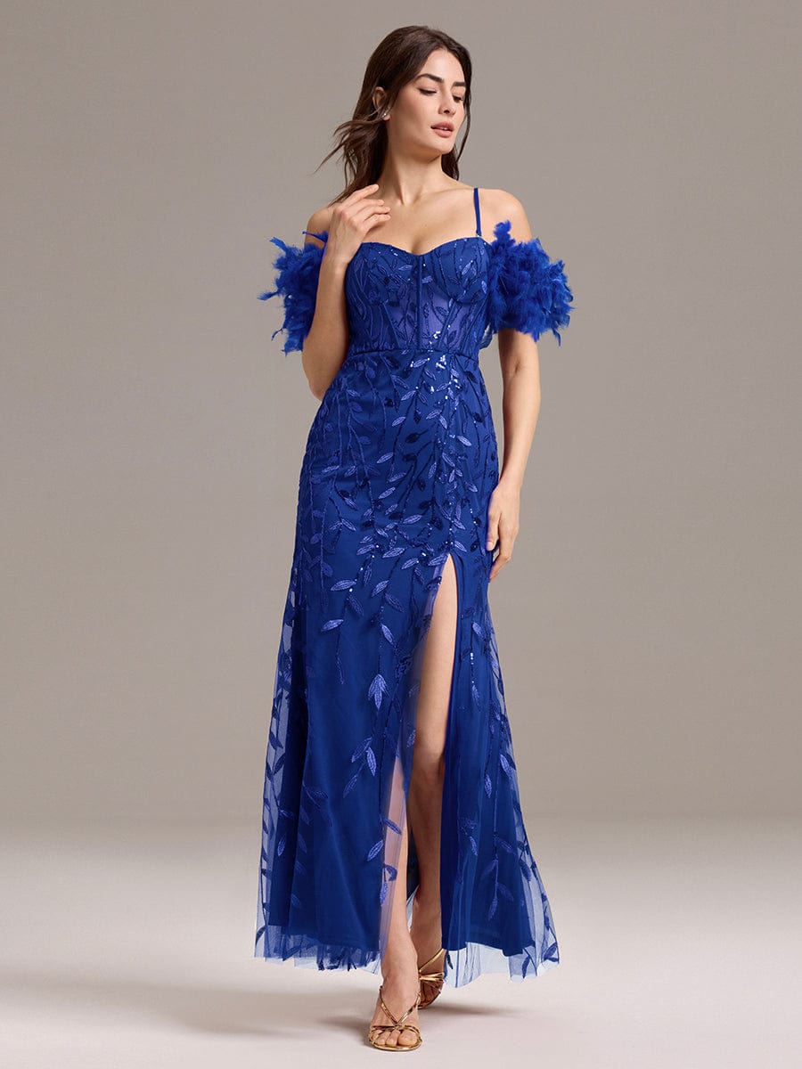 ever BELISSE|Designer Leaf Sequin Off Shoulder High Slit Feather Mermaid Evening Dress