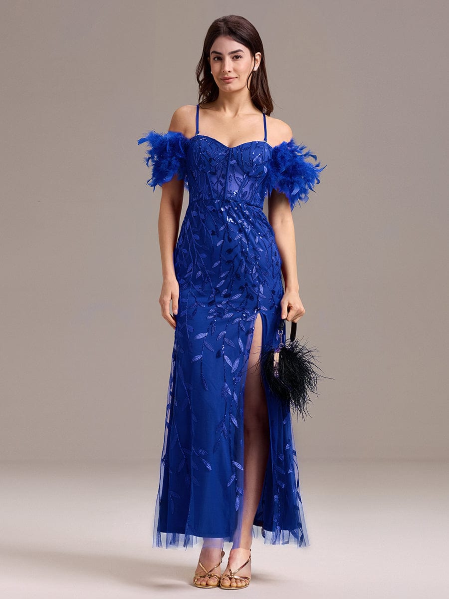 ever BELISSE|Designer Leaf Sequin Off Shoulder High Slit Feather Mermaid Evening Dress