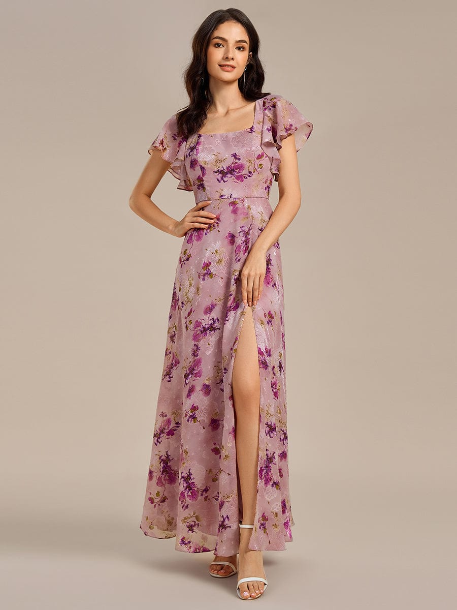 ever WISTERIA|Floral Tie Back Ruffle Sleeves Square Neck Maxi Evening Dress