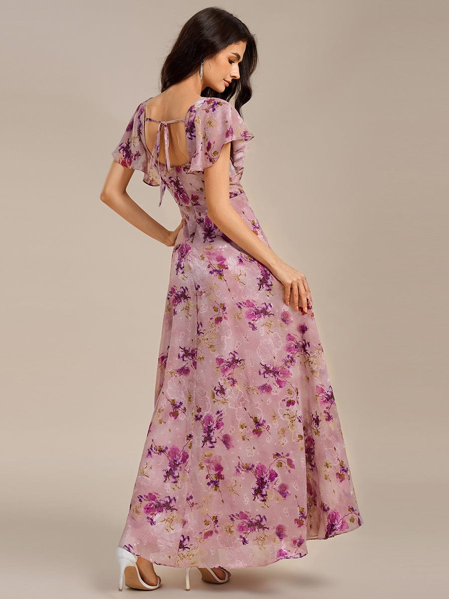 ever WISTERIA|Floral Tie Back Ruffle Sleeves Square Neck Maxi Evening Dress