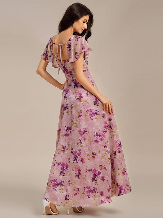 ever WISTERIA|Floral Tie Back Ruffle Sleeves Square Neck Maxi Evening Dress