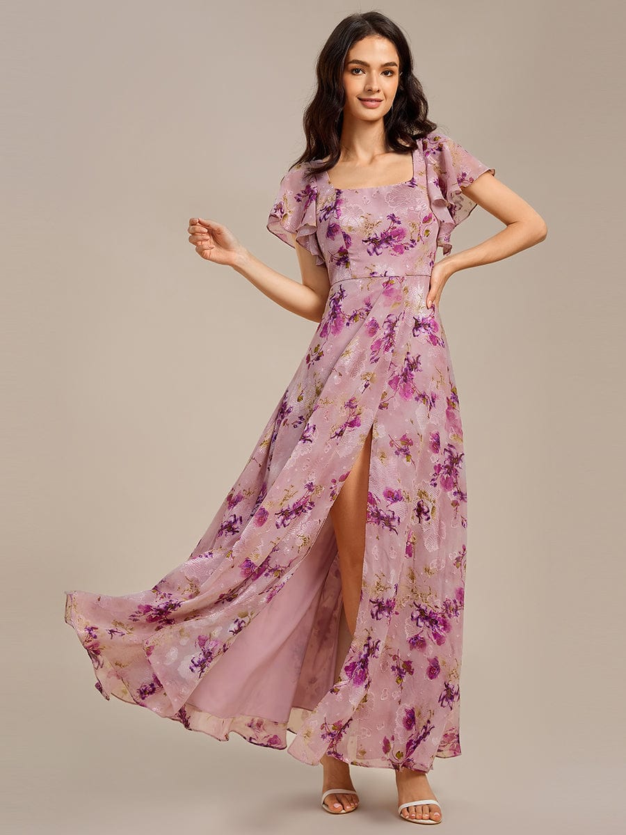 ever WISTERIA|Floral Tie Back Ruffle Sleeves Square Neck Maxi Evening Dress