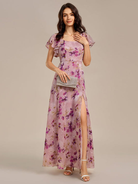 ever WISTERIA|Floral Tie Back Ruffle Sleeves Square Neck Maxi Evening Dress