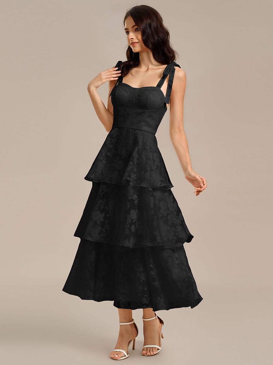 Floral Tie-Strap Bustier Tiered Midi Wedding Guest Dress