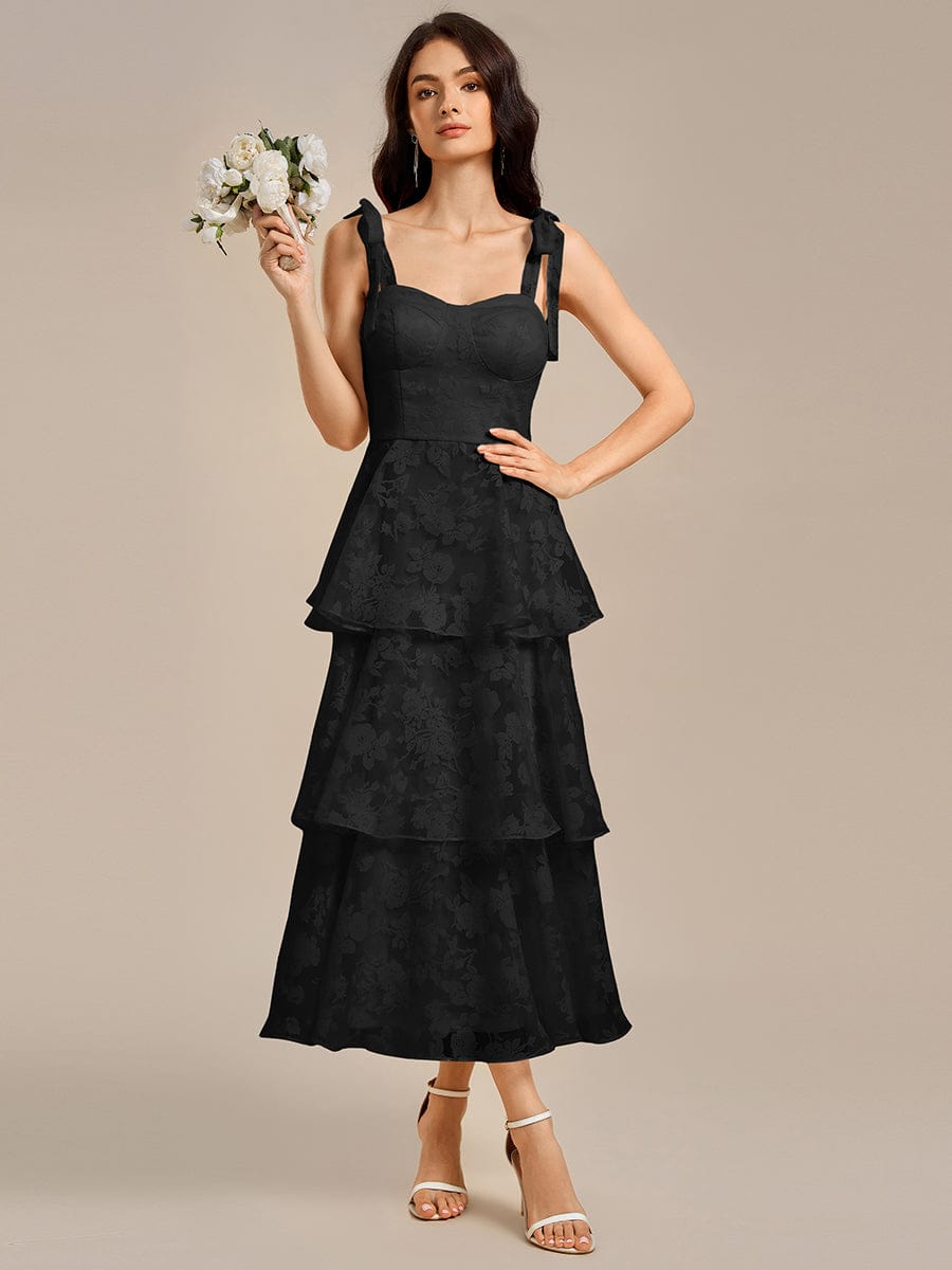 Floral Tie-Strap Bustier Tiered Midi Wedding Guest Dress