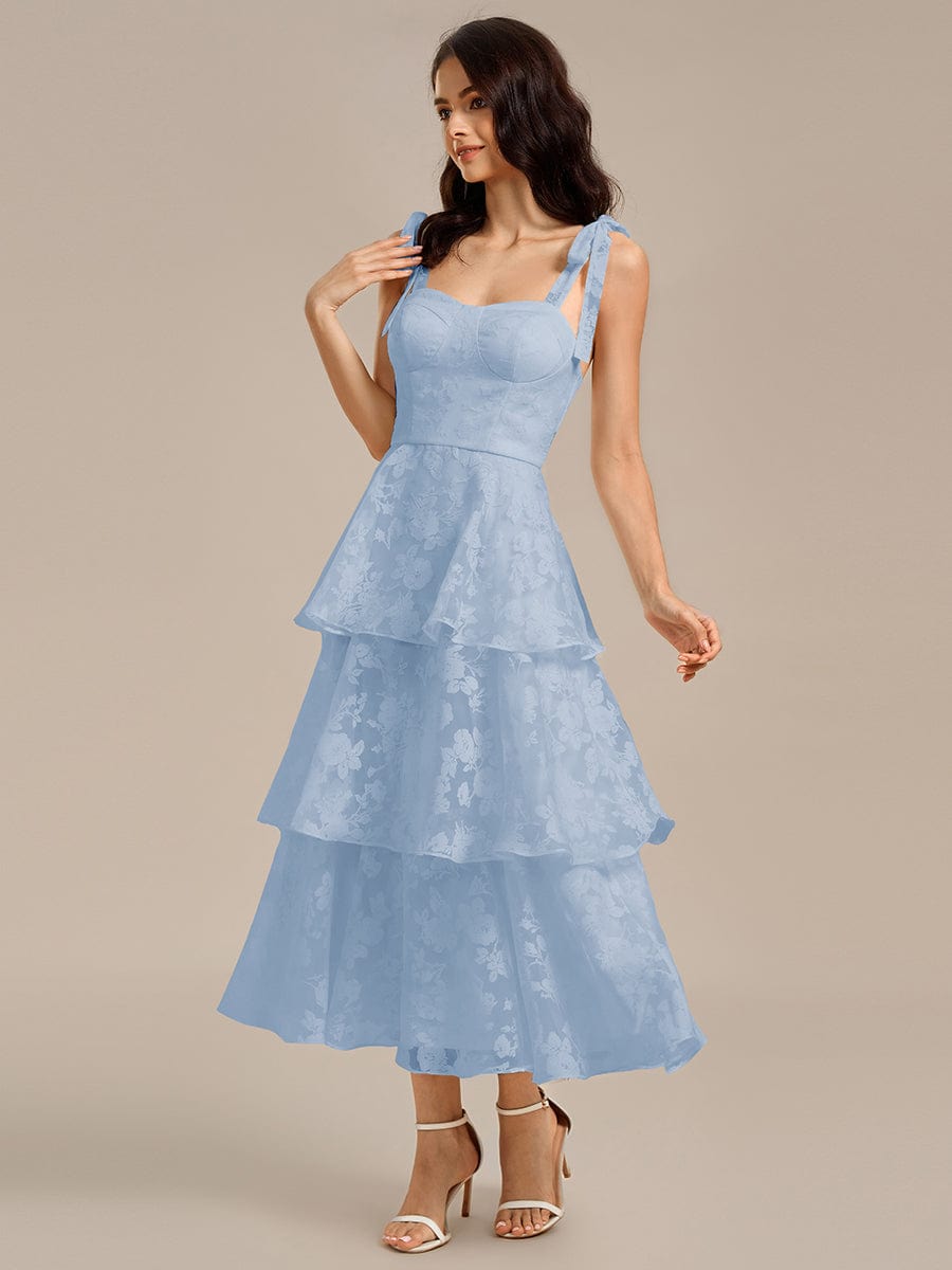 Floral Tie-Strap Bustier Tiered Midi Wedding Guest Dress