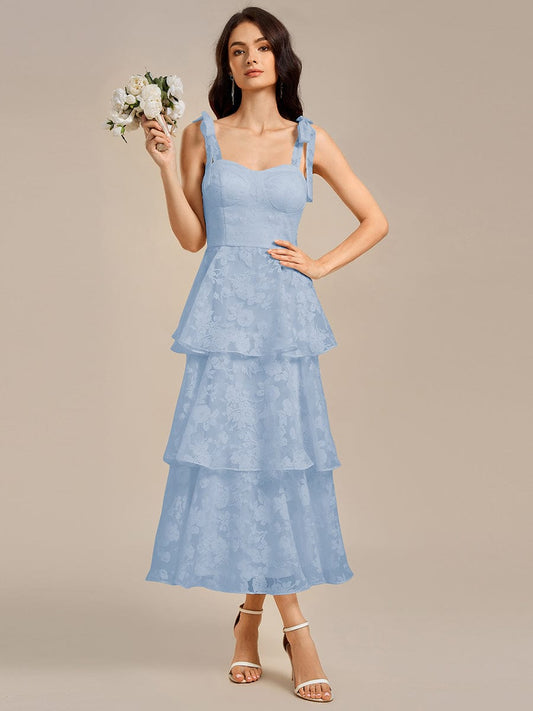 Floral Tie-Strap Bustier Tiered Midi Wedding Guest Dress
