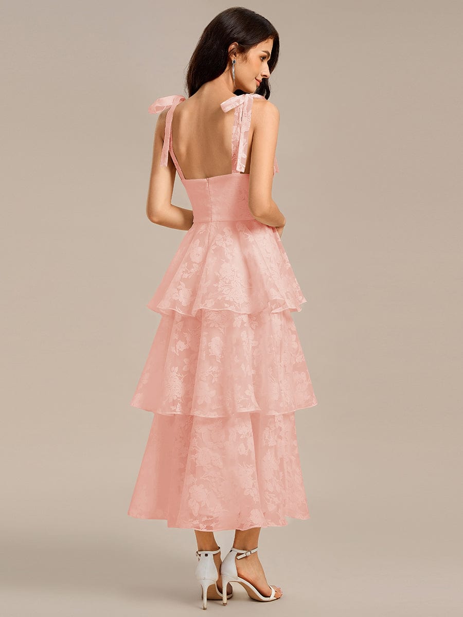 Floral Tie-Strap Bustier Tiered Midi Wedding Guest Dress