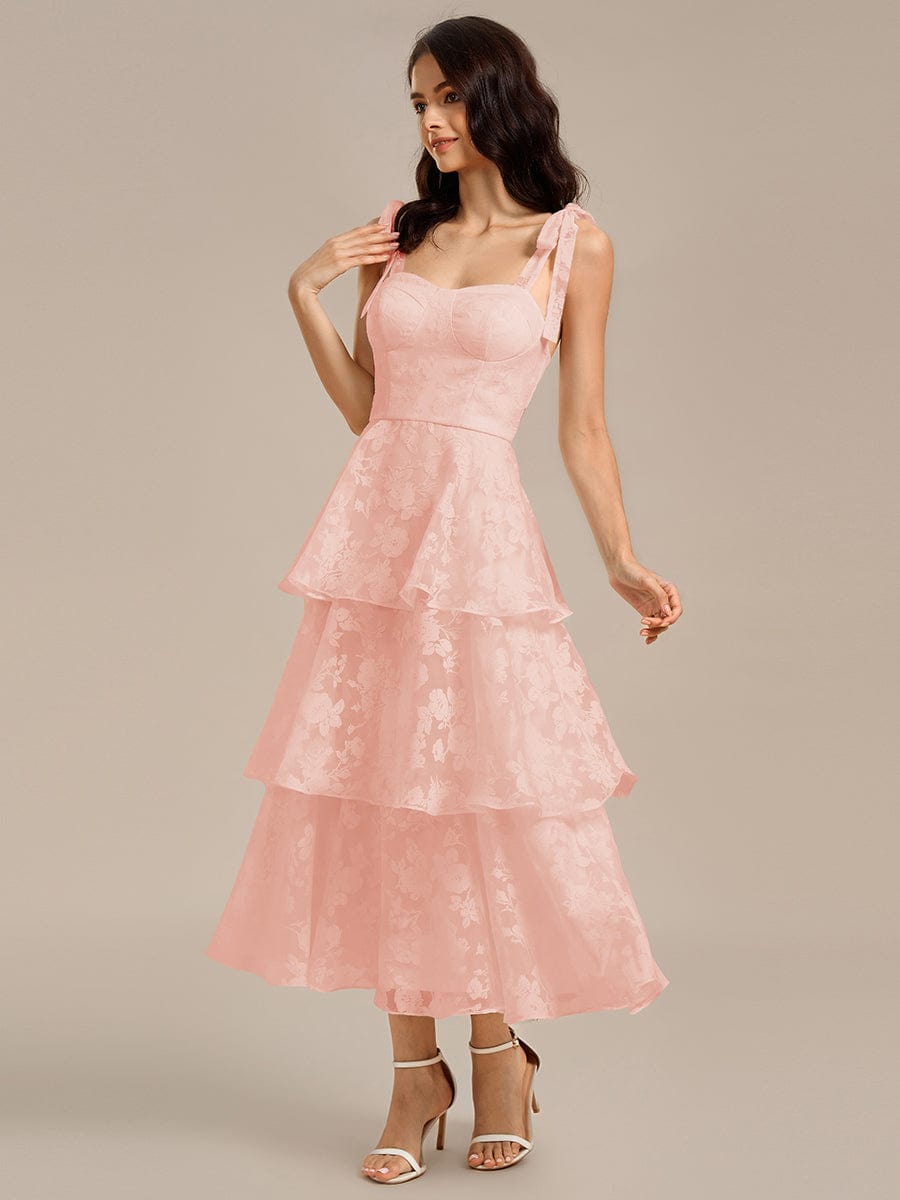 Floral Tie-Strap Bustier Tiered Midi Wedding Guest Dress
