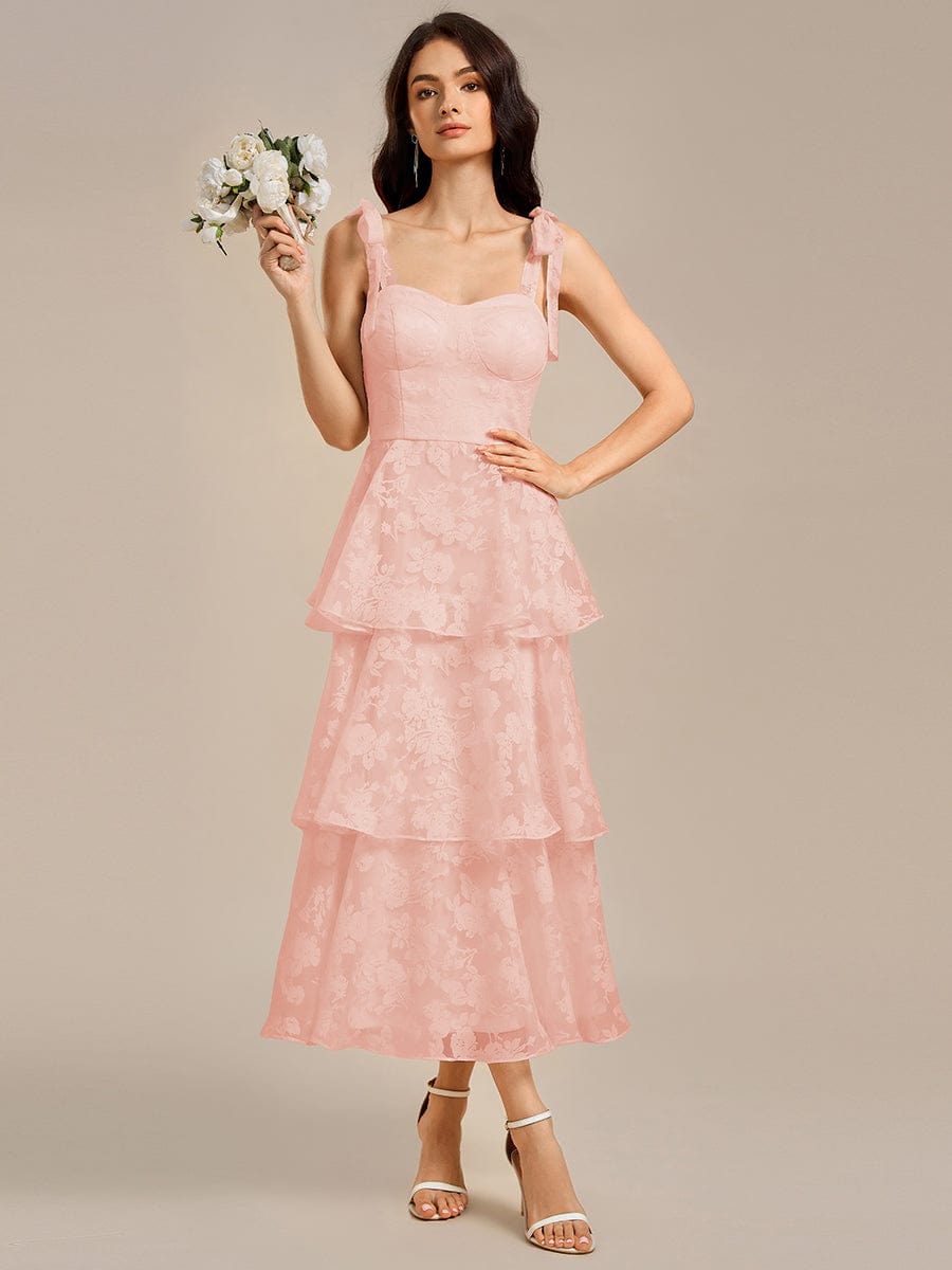 Floral Tie-Strap Bustier Tiered Midi Wedding Guest Dress