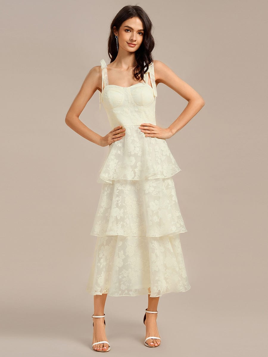 Floral Tie-Strap Bustier Tiered Midi Wedding Guest Dress