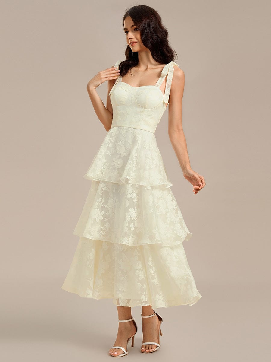 Floral Tie-Strap Bustier Tiered Midi Wedding Guest Dress
