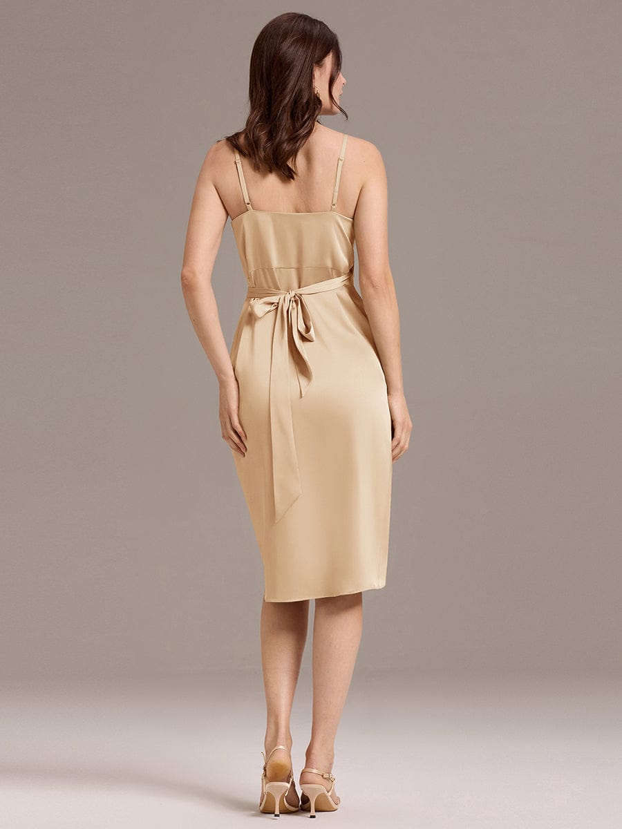 ever CALISTE|Pleated Sheath/Column Satin Asymmetrical Wrap Midi Wedding Guest Dress
