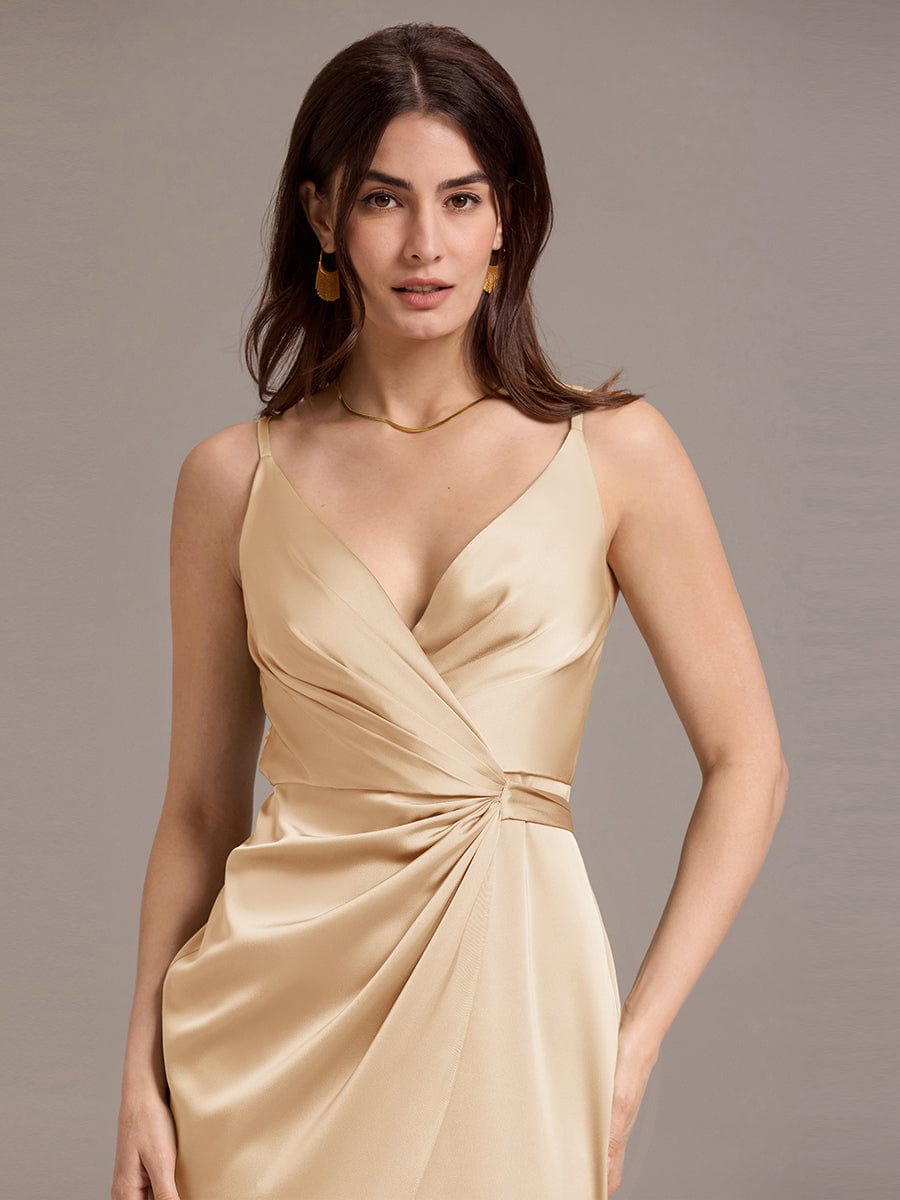 ever CALISTE|Pleated Sheath/Column Satin Asymmetrical Wrap Midi Wedding Guest Dress