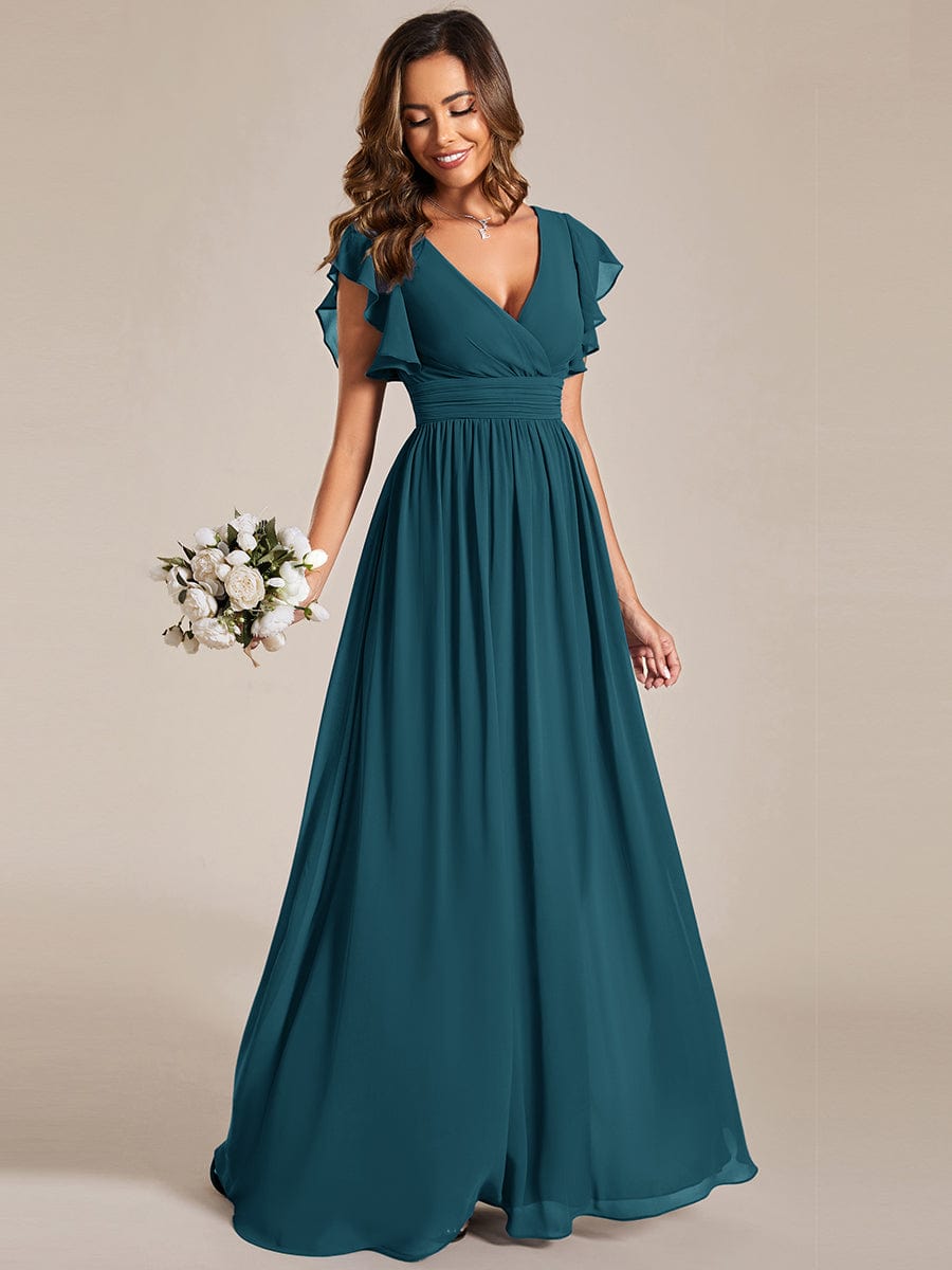 ever LILYANA|Floral V-Neck Open Back Ruffled Sleeves Chiffon Bridesmaid Dress