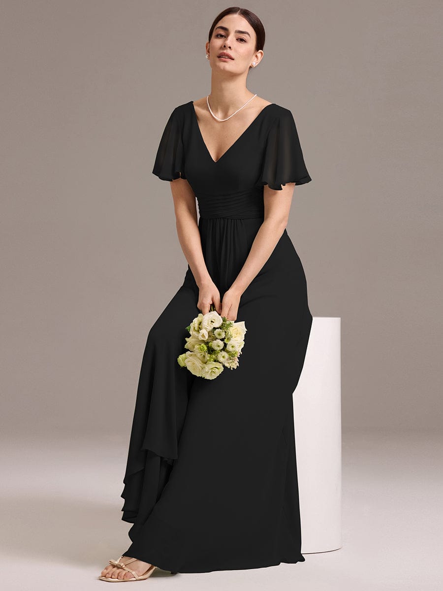 ever DAMIA|V Neck Ruffles Sleeve Pleated Maxi Bridesmaid Dress