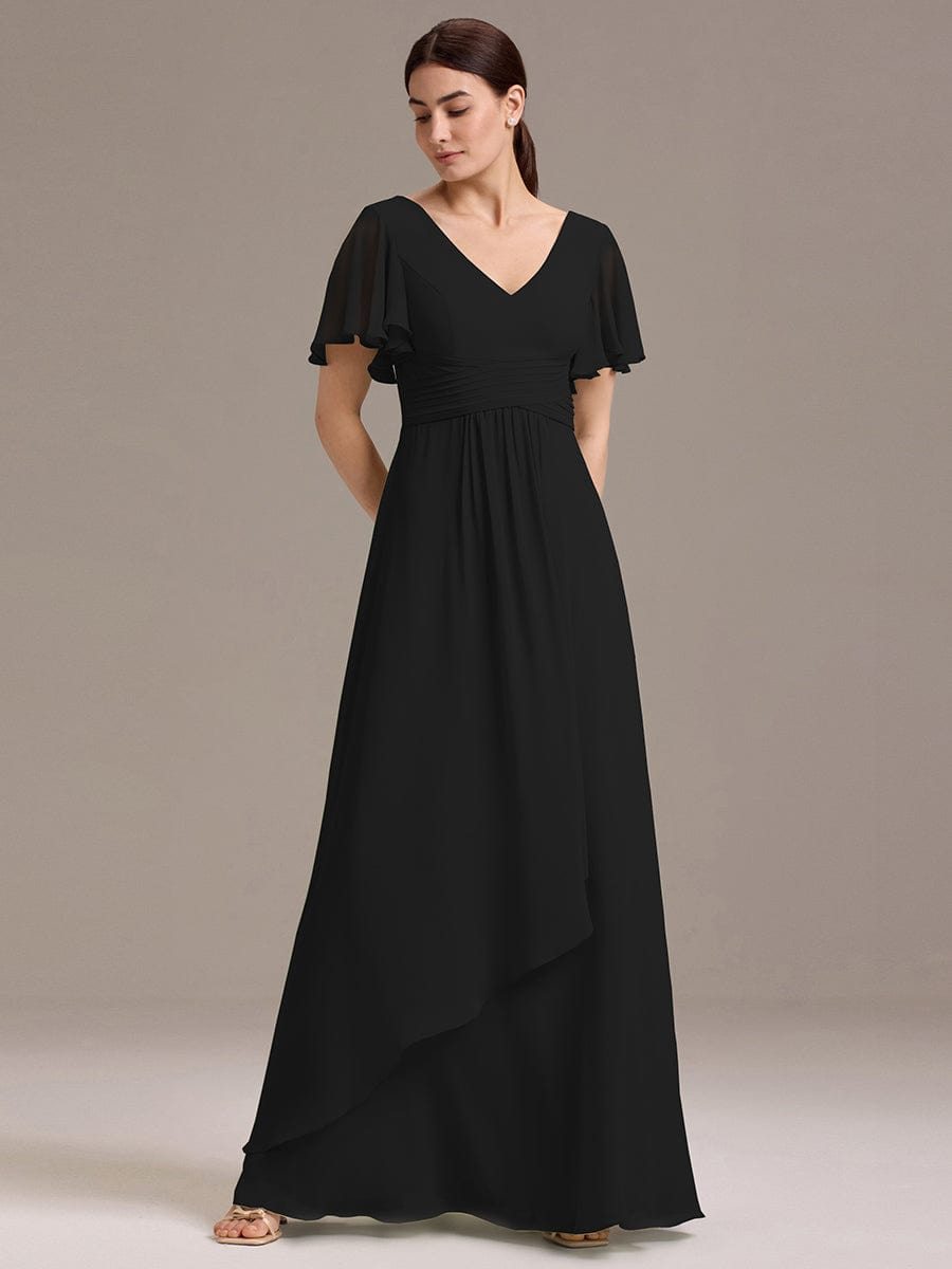 ever DAMIA|V Neck Ruffles Sleeve Pleated Maxi Bridesmaid Dress