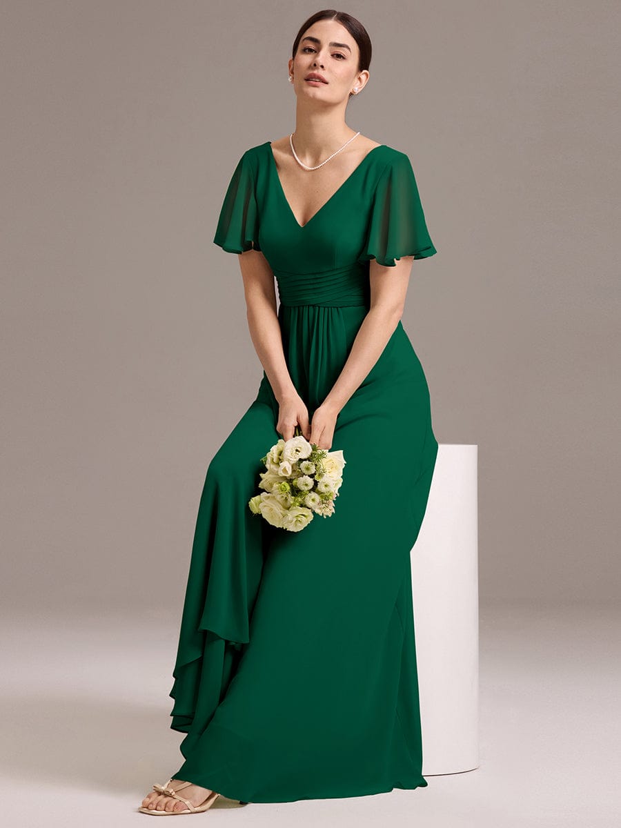 ever DAMIA|V Neck Ruffles Sleeve Pleated Maxi Bridesmaid Dress