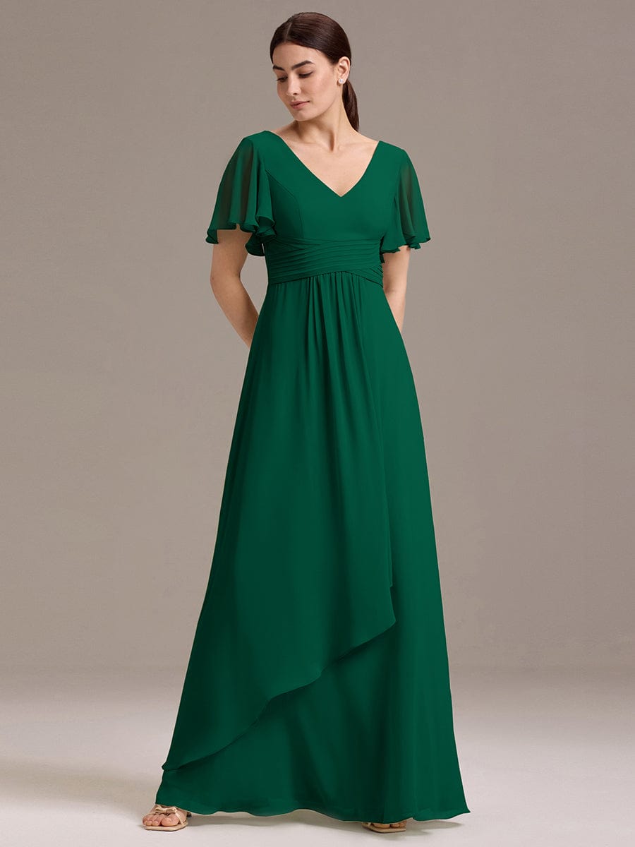 ever DAMIA|V Neck Ruffles Sleeve Pleated Maxi Bridesmaid Dress