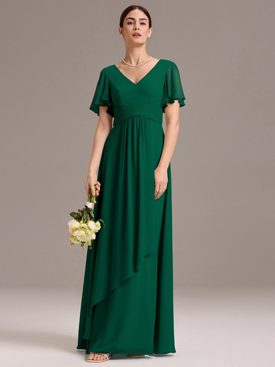 ever DAMIA|V Neck Ruffles Sleeve Pleated Maxi Bridesmaid Dress