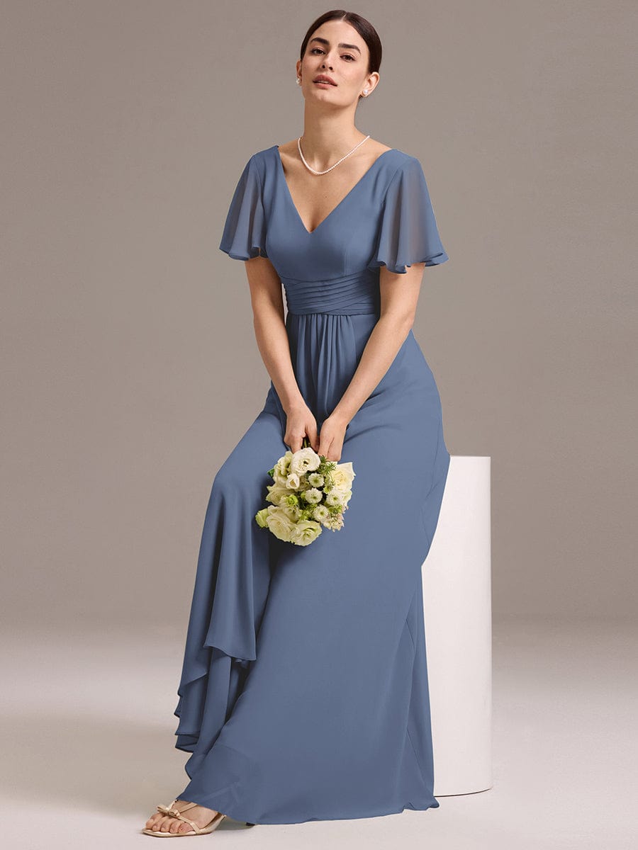 ever DAMIA|V Neck Ruffles Sleeve Pleated Maxi Bridesmaid Dress