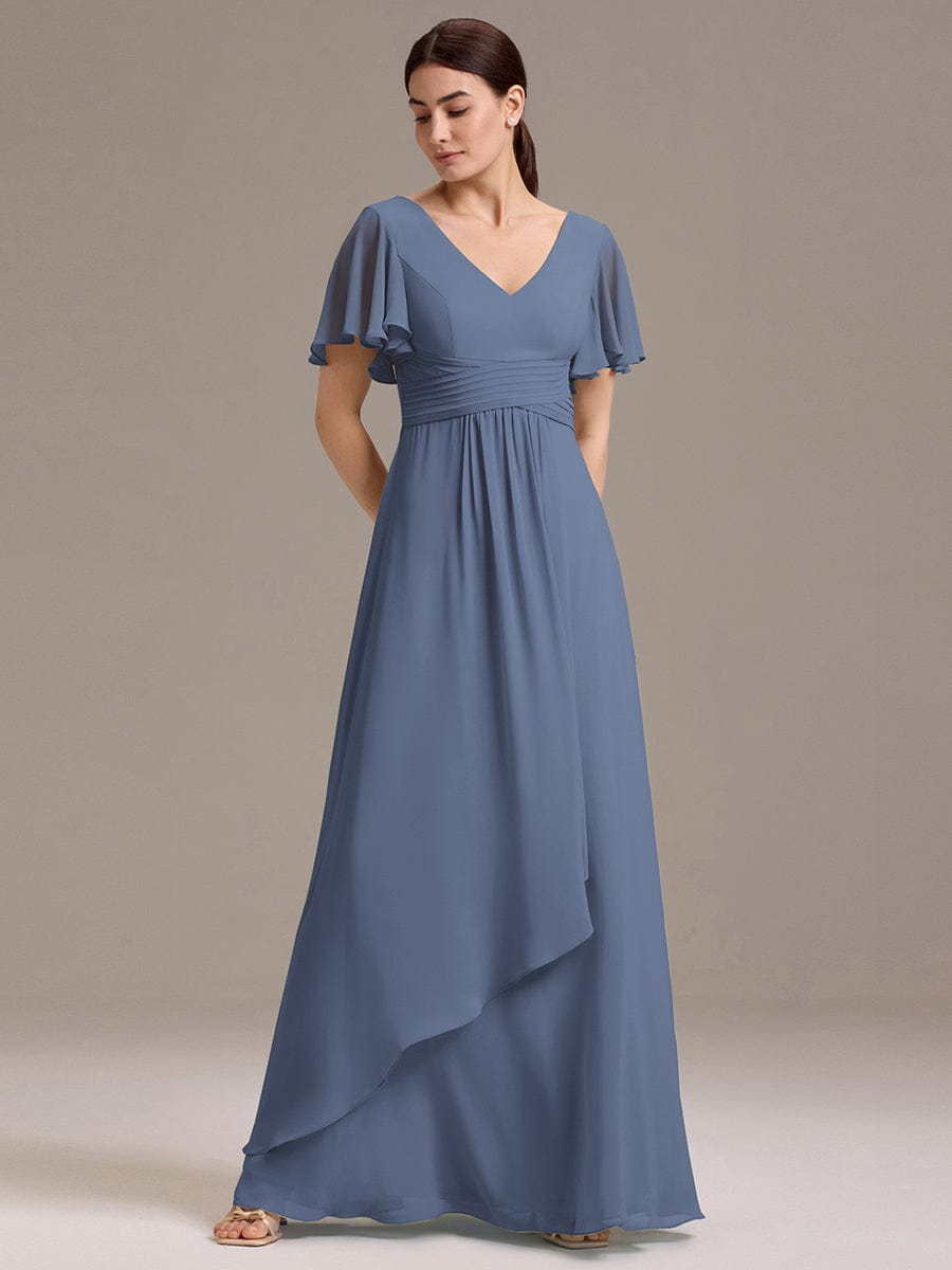 ever DAMIA|V Neck Ruffles Sleeve Pleated Maxi Bridesmaid Dress