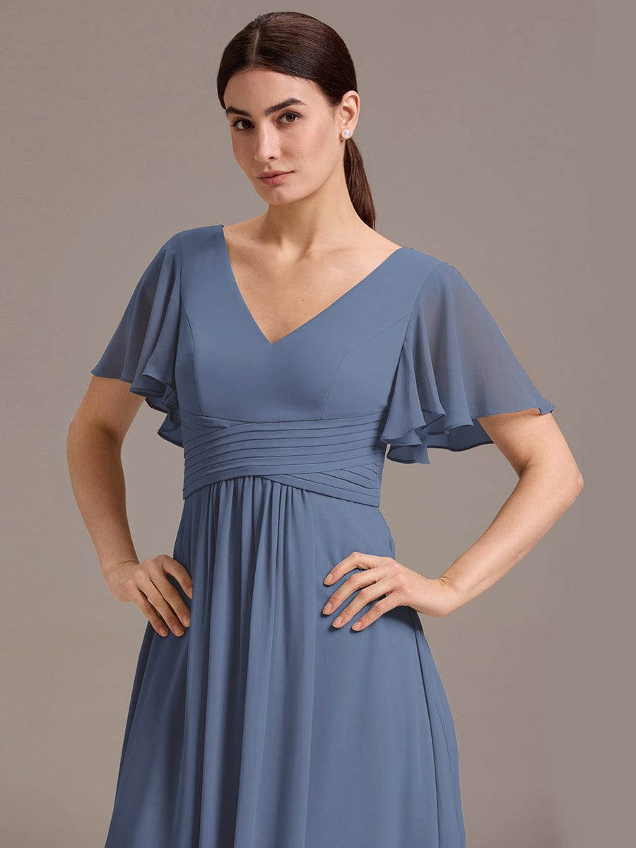 ever DAMIA|V Neck Ruffles Sleeve Pleated Maxi Bridesmaid Dress