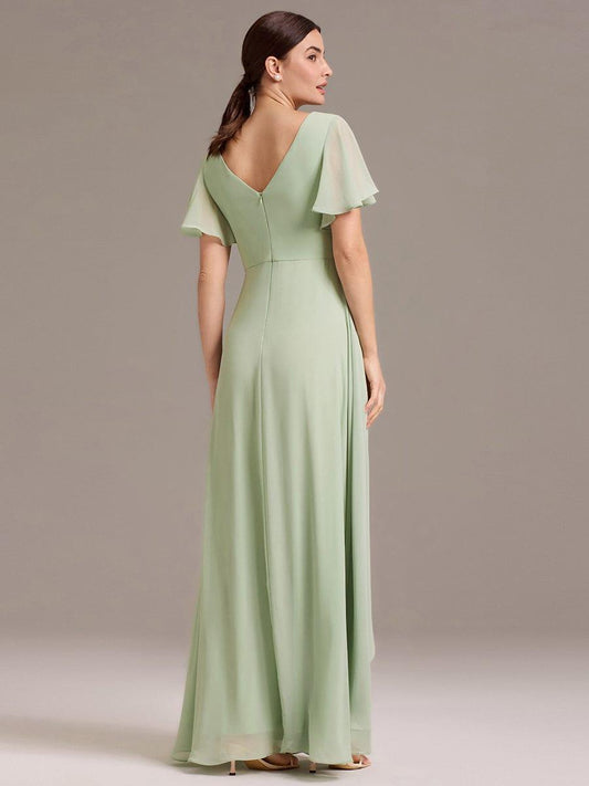 ever DAMIA|V Neck Ruffles Sleeve Pleated Maxi Bridesmaid Dress
