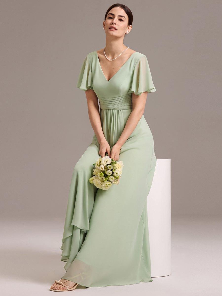 ever DAMIA|V Neck Ruffles Sleeve Pleated Maxi Bridesmaid Dress