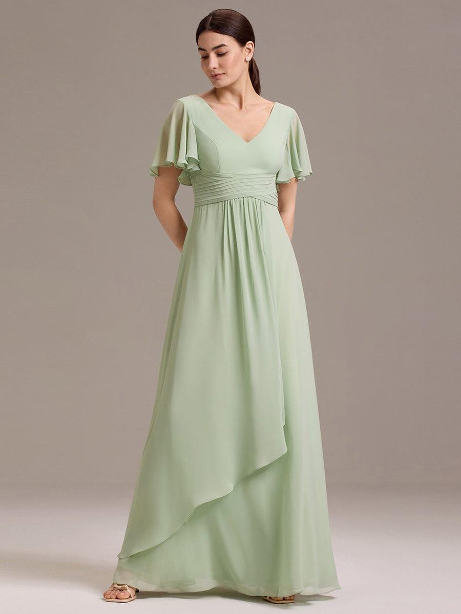ever DAMIA|V Neck Ruffles Sleeve Pleated Maxi Bridesmaid Dress