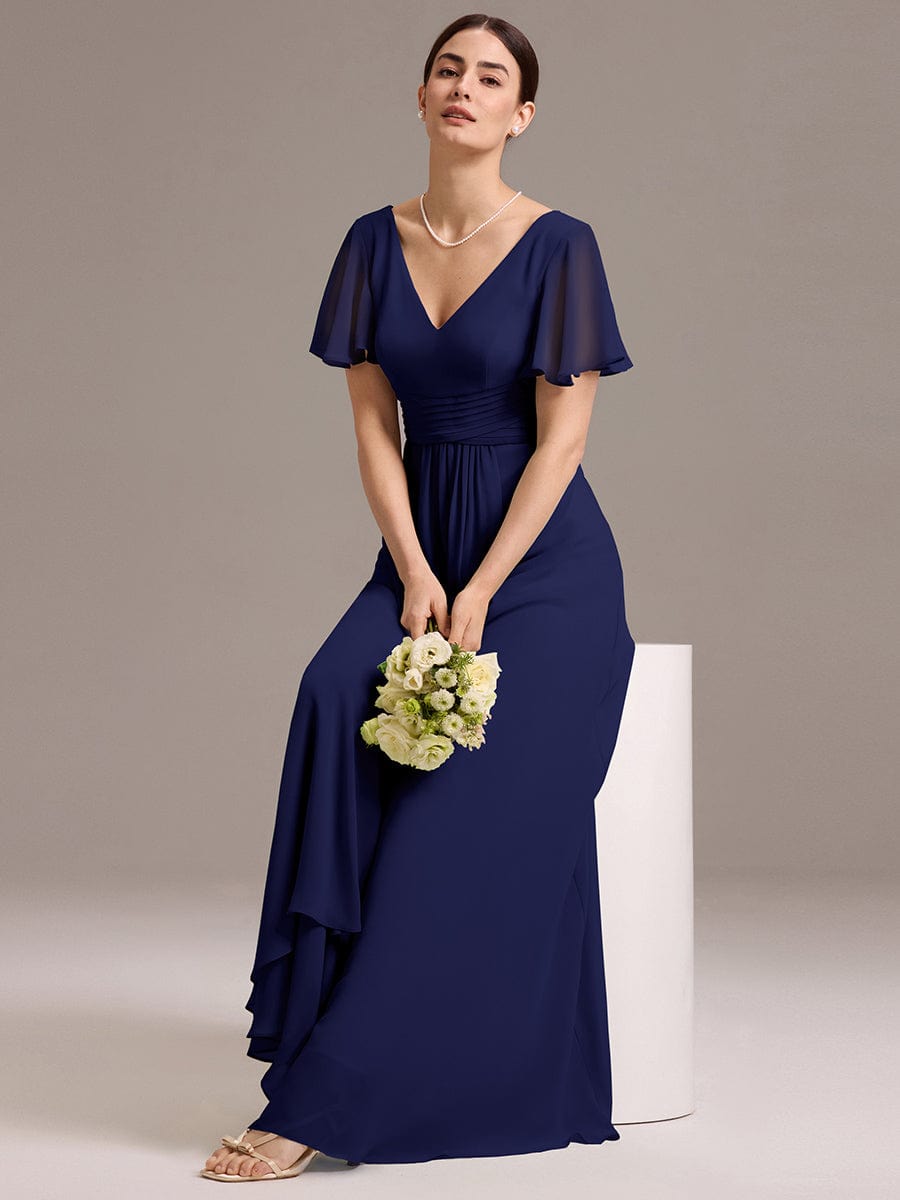ever DAMIA|V Neck Ruffles Sleeve Pleated Maxi Bridesmaid Dress