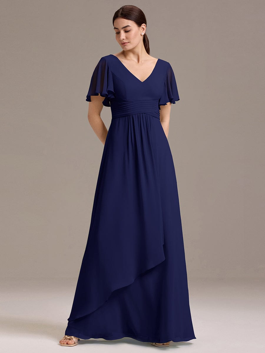 ever DAMIA|V Neck Ruffles Sleeve Pleated Maxi Bridesmaid Dress