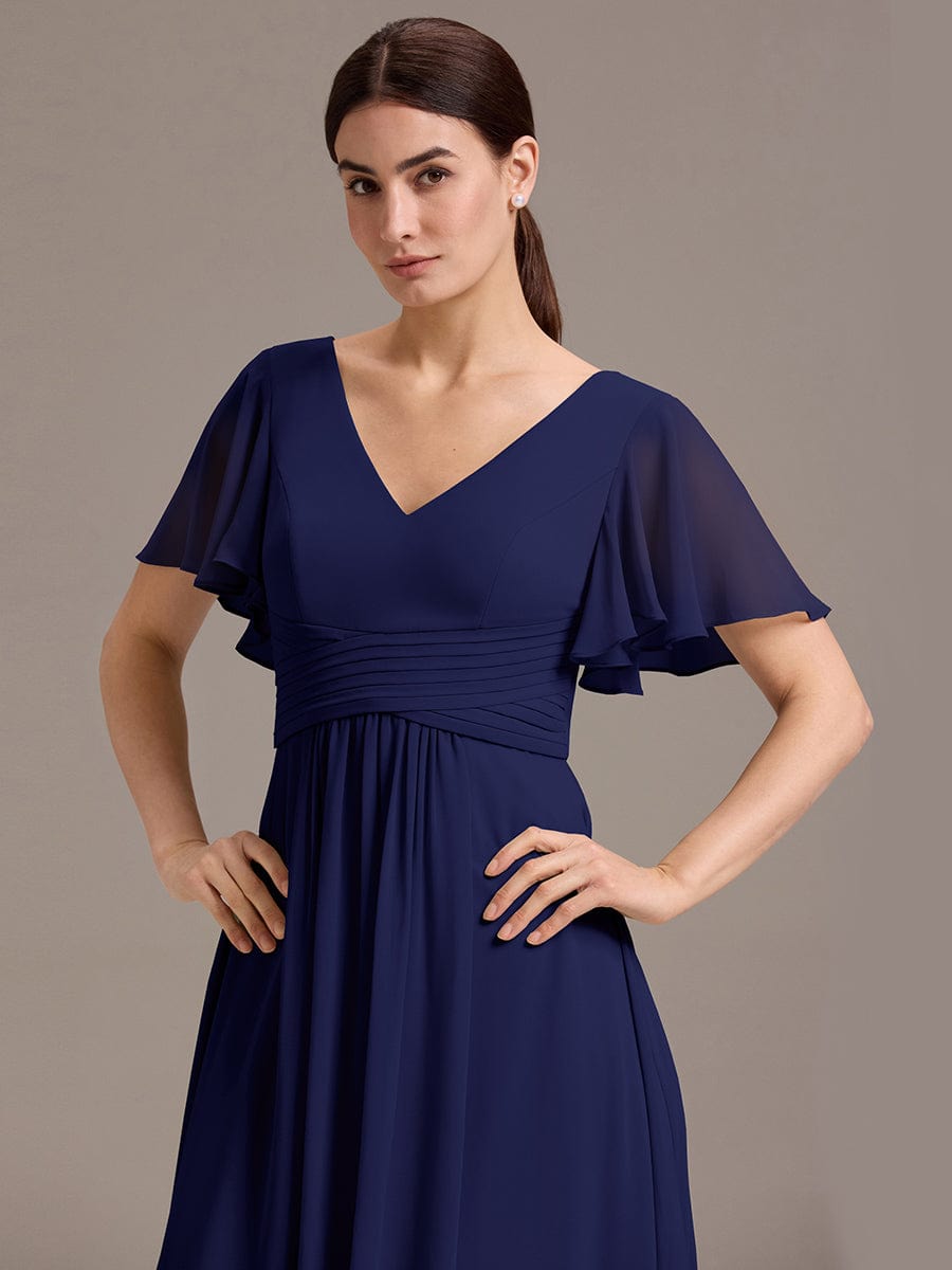ever DAMIA|V Neck Ruffles Sleeve Pleated Maxi Bridesmaid Dress