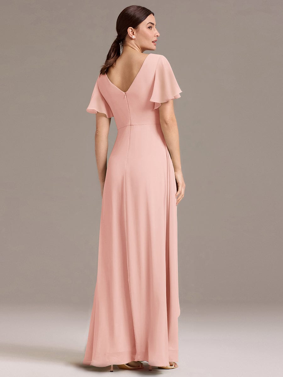 ever DAMIA|V Neck Ruffles Sleeve Pleated Maxi Bridesmaid Dress