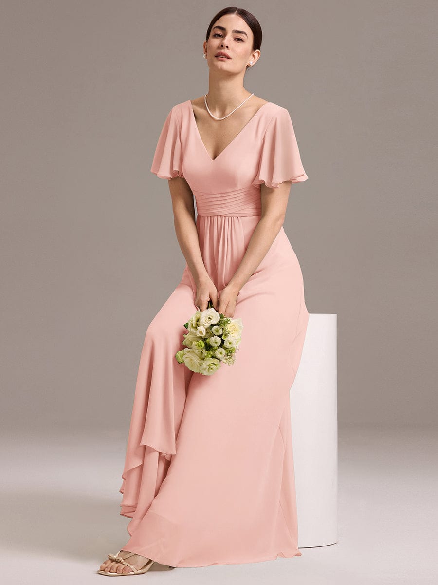 ever DAMIA|V Neck Ruffles Sleeve Pleated Maxi Bridesmaid Dress