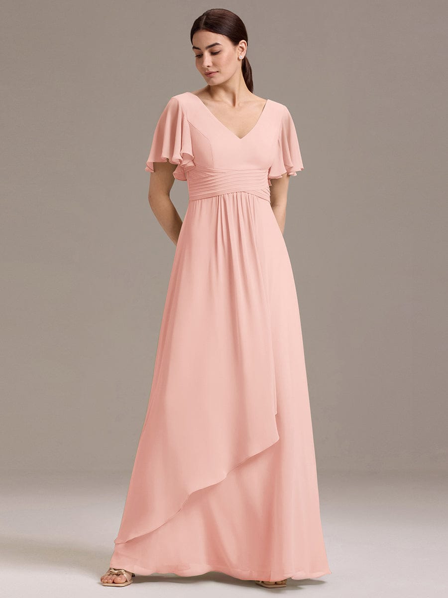 ever DAMIA|V Neck Ruffles Sleeve Pleated Maxi Bridesmaid Dress