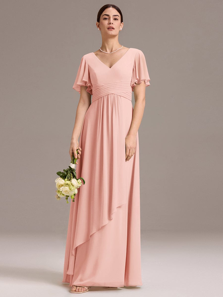 ever DAMIA|V Neck Ruffles Sleeve Pleated Maxi Bridesmaid Dress